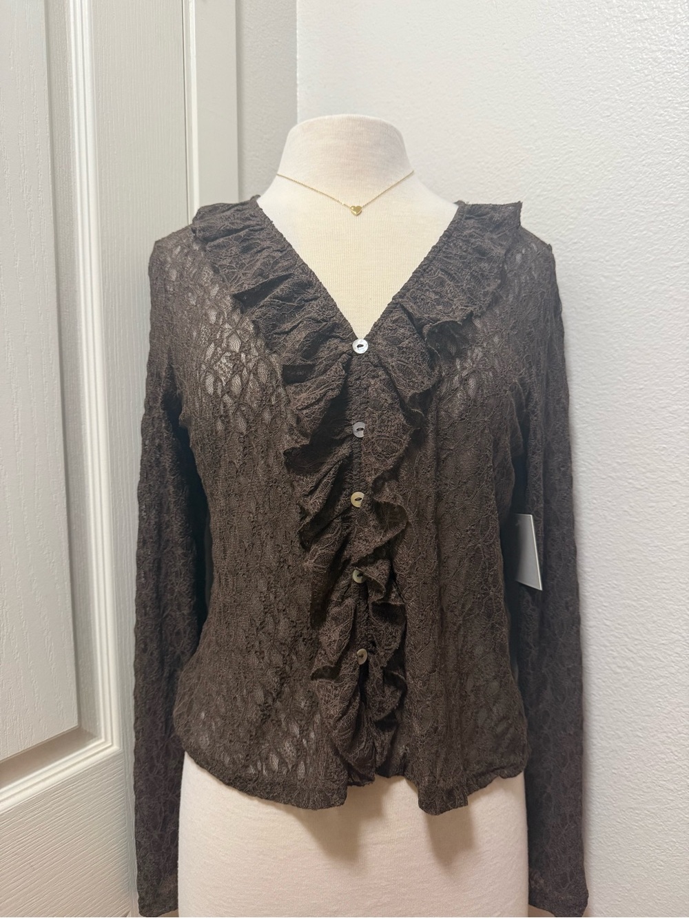Harlow Dark Brown Ruffled Button-Front Knit Blouse
